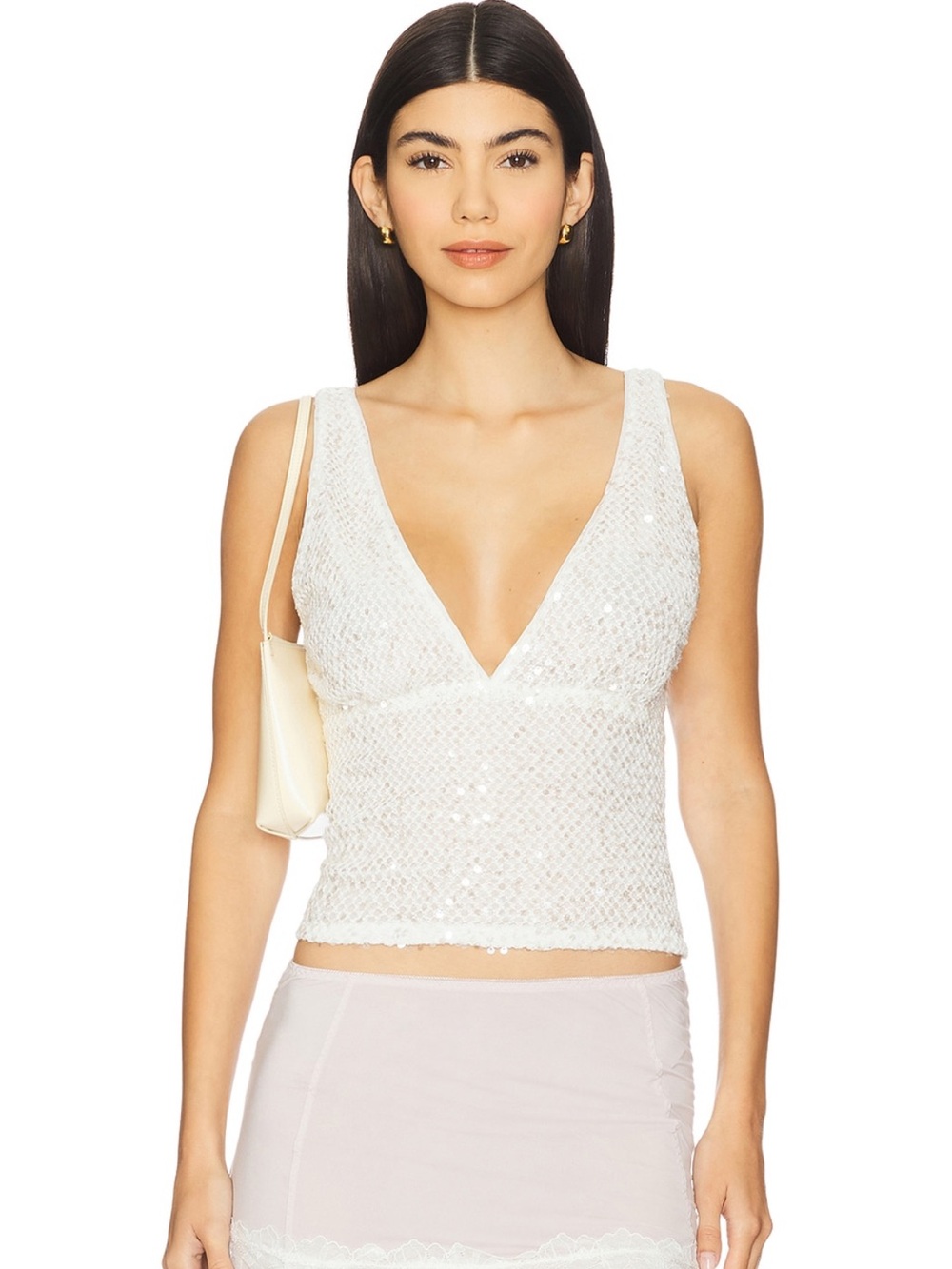 superdown White Sequin V-Neck Tank Top